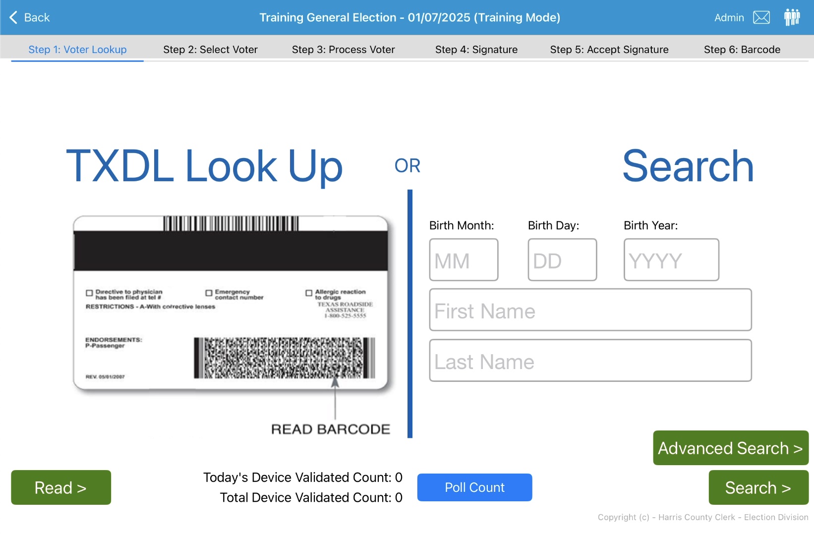 Harris County electronic pollbook barcode check-in screen