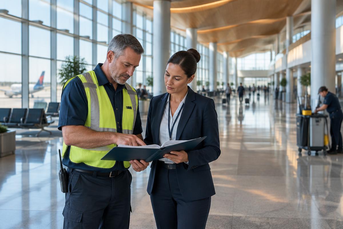 Airport facilities team reviewing an operations plan