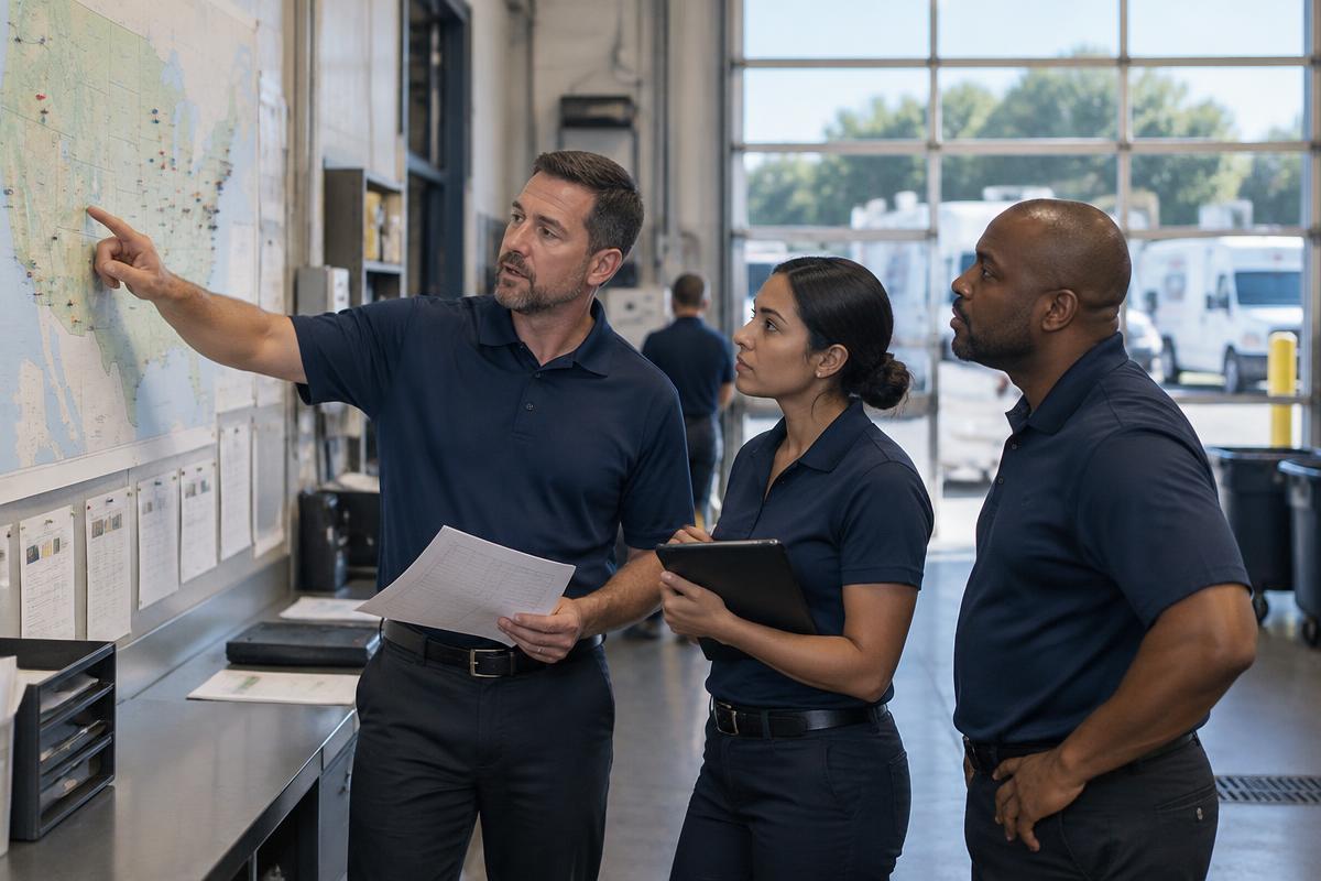 Facilities team discussing service territory coverage