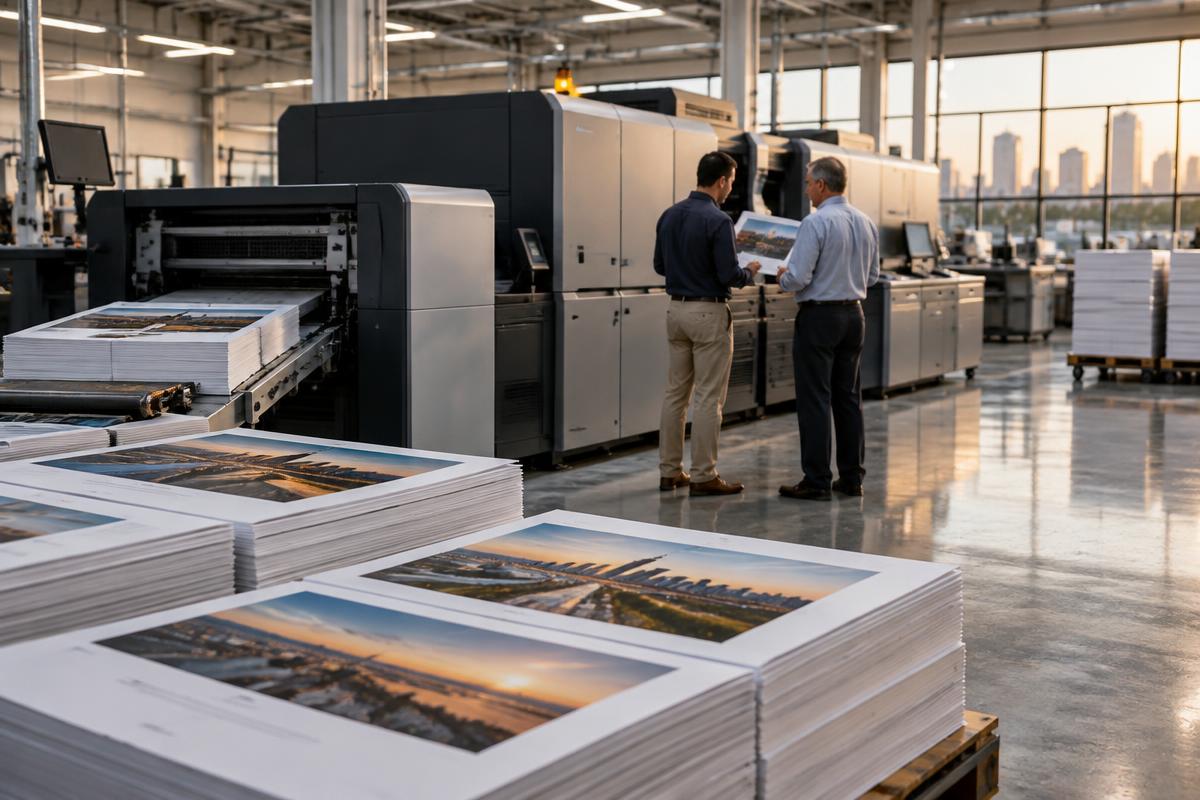 Digital print production floor with managers reviewing work