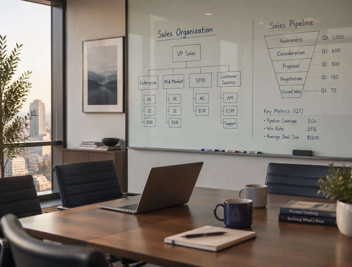 Whiteboard with a sales organization chart and pipeline targets in a conference room