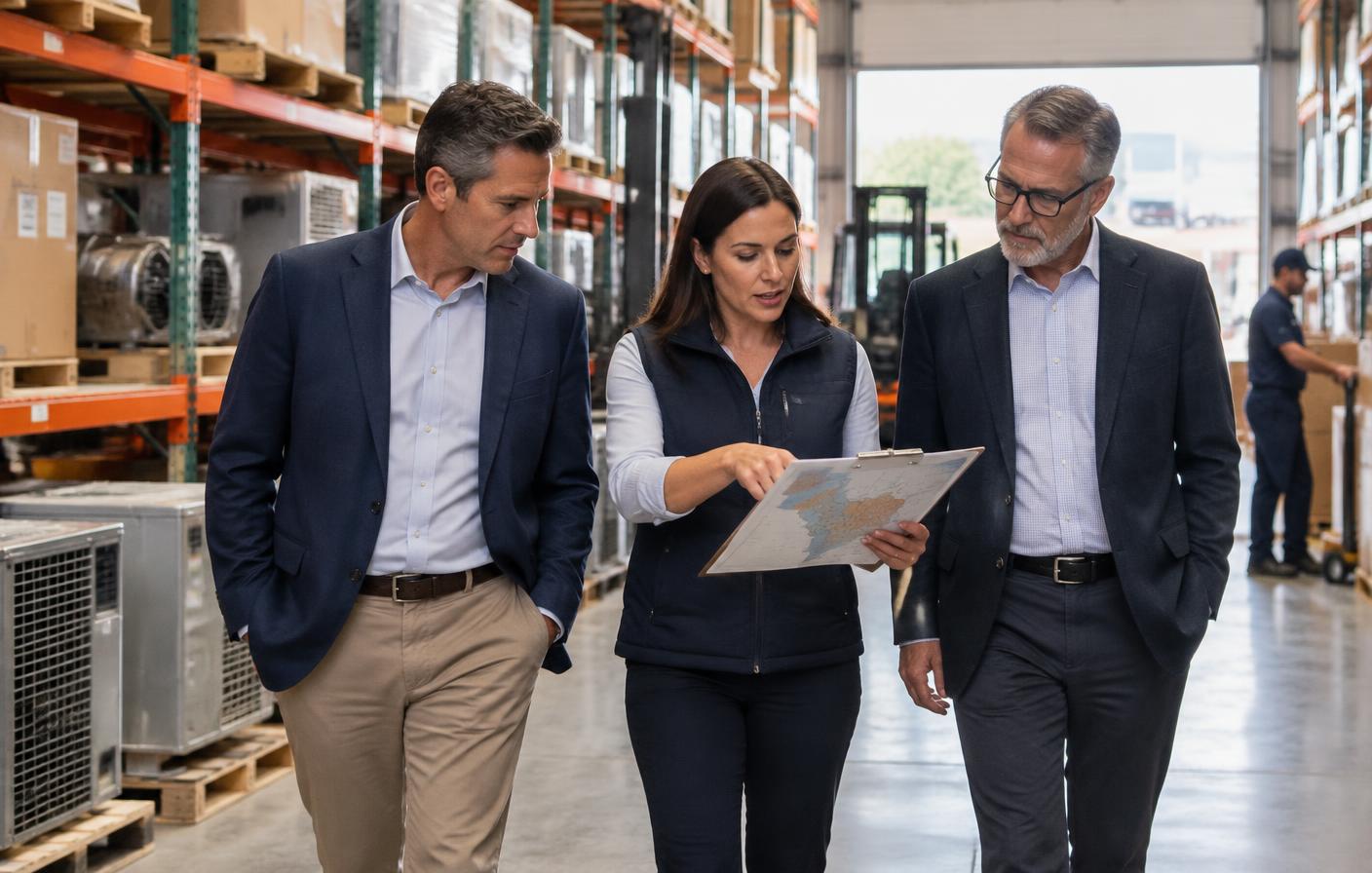 Distribution leaders reviewing market coverage on a warehouse floor